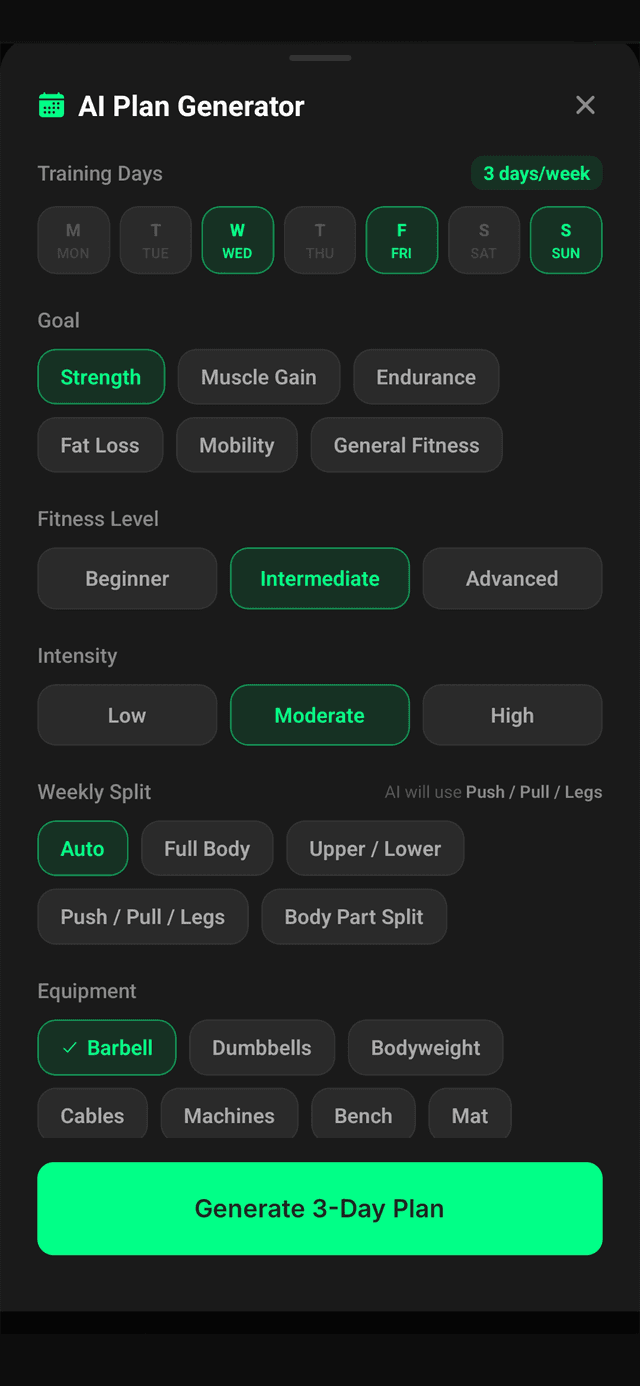 Exersix app feature screen